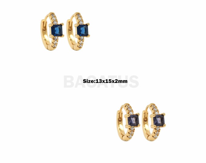 1Pair Cz Huggie Hoop With Square Blue Zircon, Cz Blue Huggie Earrings, Hoop Earrings, Exquisite Hoop, Small Hoop, Golden Hoop 13x15x2mm