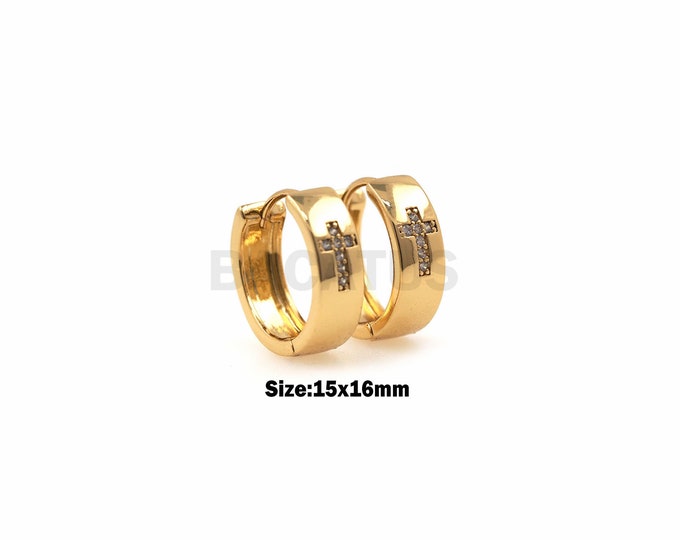 1Pair Christian Earrings CZ Charm Cross Charm Crossed Ear Rings Religious Belief Women Men's Ear Rings Glossy Circle Earrings 15x16mm