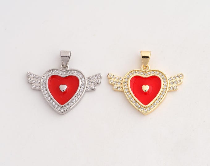 18K Gold Filled Heart Charm,Dainty Enamel Love Pendant,CZ Heart Pendant ,DIY Jewelry Supplies,23.2x26x2.8mm