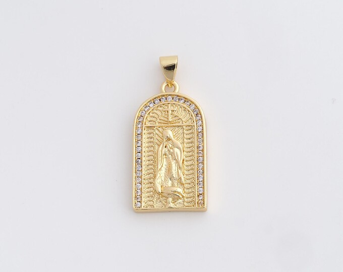 18K Gold Filled Virgin Charm, Religious Necklace, Micropavé CZ Our Lady Necklace, Maria Pendant, DIY Jewelry Supplies, 31x14.2x3mm