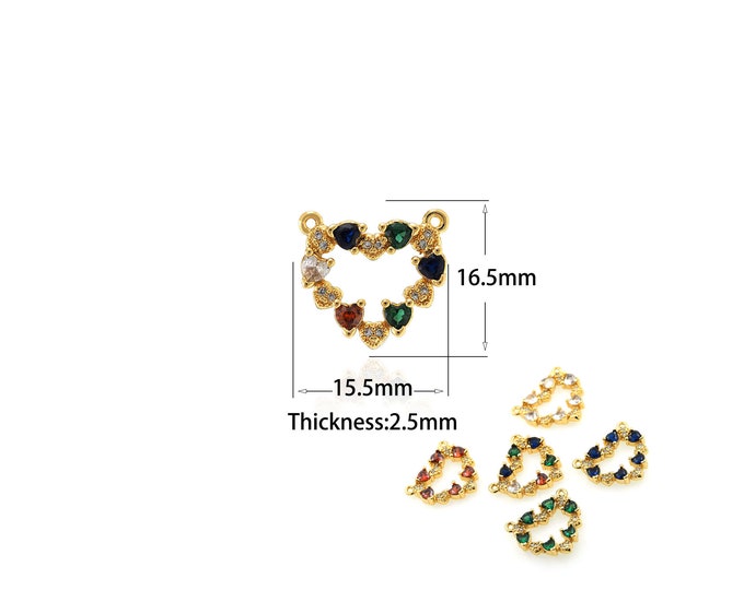 1PCS Hollow Heart-Shaped Connector Heart-Shaped Pendant Found Brass Heart-Shaped Inlaid Colorful Zircon Jewelry DIY Production 16.5x15.5x2.7