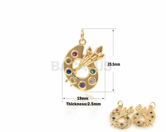 1PCS Paint Tray Pendant Palette With Brush Pendant Paint Charm Necklace Pendant Cubic Zirconia 18k Gold Filling 25.5x19x2.5mm