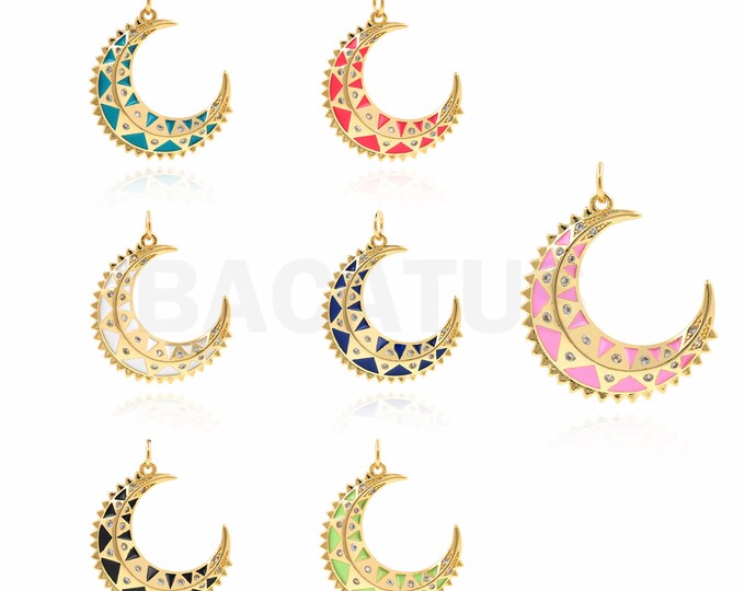 18K Gold Filled Moon Pendant, Micropavé CZ Crescent Charm, Moon Necklace, Enamel Charm, DIY Jewelry Supplies, 28x22.5x3mm