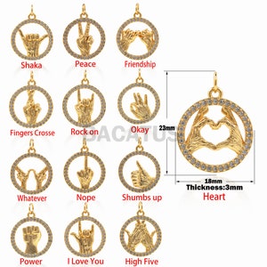 1PCS New Gesture Finger Sign Language Pendant, Cubic Zirconia CZ Paved, Jewelry Necklace Bracelet Making Wholesale Supplies 18K 23x18x3mm