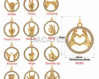 1PCS New Gesture Finger Sign Language Pendant, Cubic Zirconia CZ Paved, Jewelry Necklace Bracelet Making Wholesale Supplies 18K 23x18x3mm