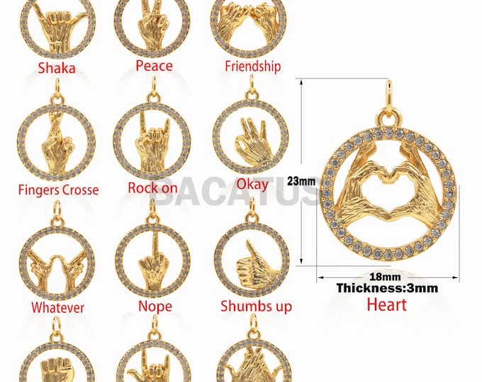 1PCS New Gesture Finger Sign Language Pendant, Cubic Zirconia CZ Paved, Jewelry Necklace Bracelet Making Wholesale Supplies 18K 23x18x3mm