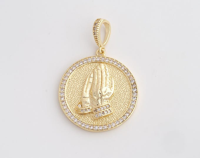18K Gold Filled Prayer Hand Charm, Micropavé CZ Prayer Pendant,Round Necklace Charm, DIY Jewelry Supplies, 43.3x29x4.8mm