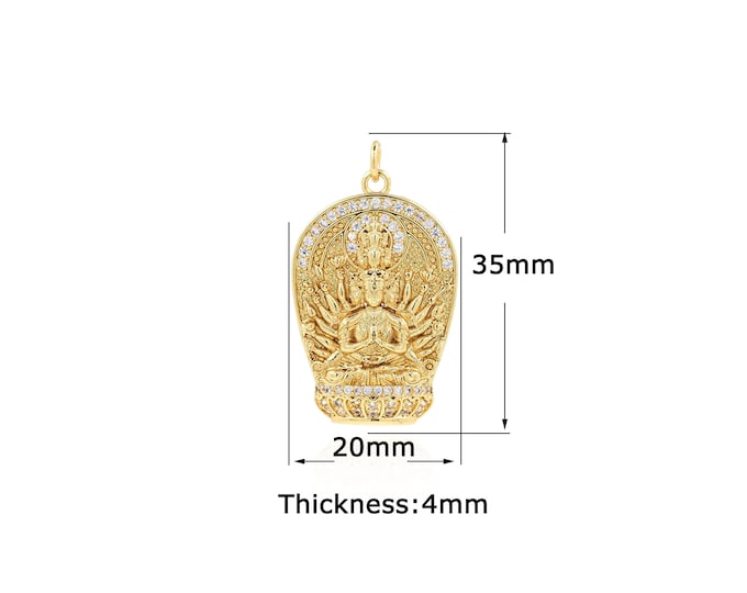 18K Gold Filled Thousand Hand Avalokitesvara Pendant,Gold Dainty Buddhist Charms,Bracelet Necklace for DIY Jewelry Making Supply