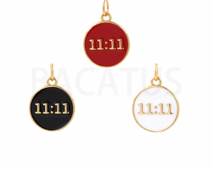 Angel Number Pendant, Enamel Charm, 18K Gold Filled Time Charm, 11:11 Necklace, Round Charm, DIY Jewelry Supplies, 13.5x19x2mm