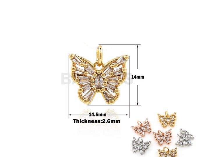1PCS Butterfly Pendant Insect Pendant Suitable for Bracelet, Necklace, Jewelry Supplies White Zircon Zircon Strap CZ Paving 14x14.5x2.6mm