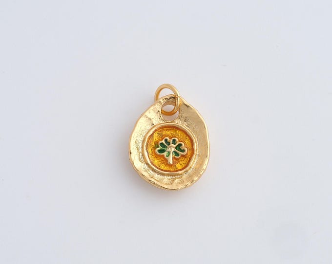 Enamel Tree Pendant, Round Charm, 18K Gold Filled Plant Charm,Tree of Life Necklace, DIY Jewelry Supplies, 17.6x12x3mm