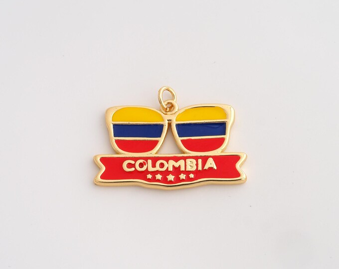 18K Gold Filled Colombia Flag Charm,Dainty Enamel Eyeglass Pendant,Colombia Pendant ,DIY Jewelry Supplies,22.4x30x2.3mm