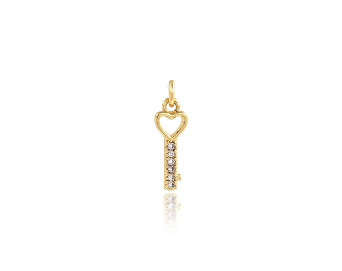 5 pcs Key Pendant,18K Gold Filled Heart Necklace, Micropavé CZ Key Pendant, DIY jewelry Making Accessories,16.5x5x1.5mm