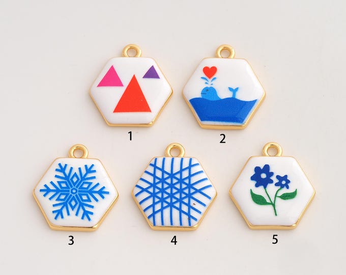 18K Gold Filled Hexagonal Pendant,Enamel Snowflake Charms,Flower Charm DIY Jewelry Making Supply,23x20.8x3.3mm