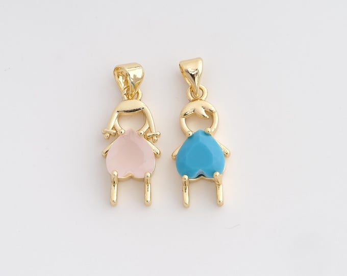 18K Gold Filled Couple Charm, Micropavé CZ Boy Girl Pendant,Heart Necklace Charm,DIY Jewelry Supplies,Boy:25.4x9.6x5.3mm Girl：25x9.6x5.2mm