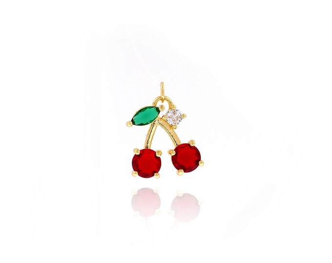 18K Gold Filled Cherry Pendant,Gold Dainty Cherry Charms,Zircon Cherry Charm Bracelet Necklace for DIY Jewelry Making Supply,22x17.5x5.6mm