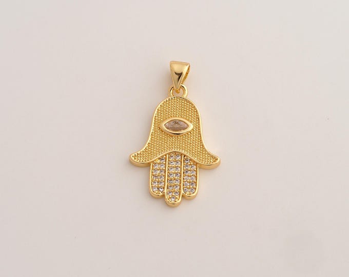 18K Gold Filled Hamsa Hand Charm,Dainty Fatima Pendant,CZ Hamsa Pendant ,DIY Jewelry Supplies,28.6x17.3x2.5mm
