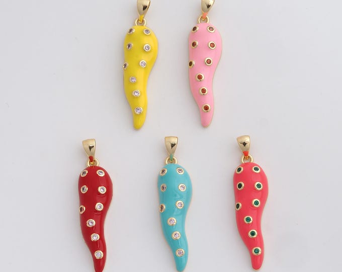 18K Gold Filled Chili Charm, Enamel Pepper Pendant,CZ Chili Pepper Necklace Charm, DIY Jewelry Supplies, 37.7x9.5x4.8mm