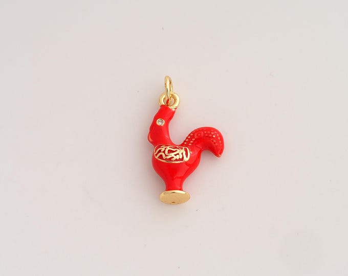 18K Gold Filled Rooster Charm,Dainty Enamel Animal Pendant,CZ Rooster Pendant ,DIY Jewelry Supplies,23.6x13.4x4.3mm