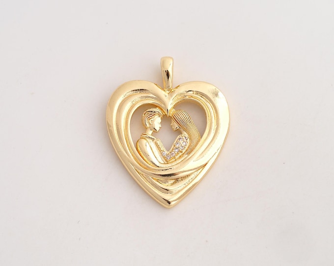 18K Gold Filled Heart Charm,Dainty Couple Pendant,CZ Lover Pendant ,DIY Jewelry Supplies,33.2x26x2.8mm