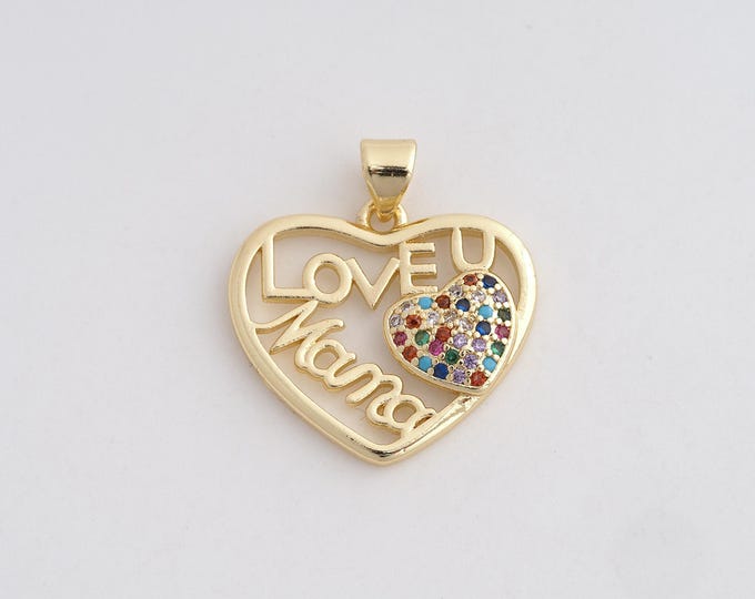 18K Gold Filled LOVE Pendant,Gold Dainty Heart Charms,CZ Round Charm Bracelet Necklace for DIY Jewelry Making Supply,24.5x22.2x3.2mm