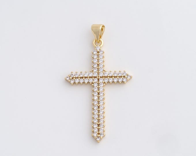 Cross Charm,18K Gold Filled Cross Necklace,Religious Charm, MicroPave CZ Christian Charm, DIY Jewelry Supplies, 42x23.3x2.3mm