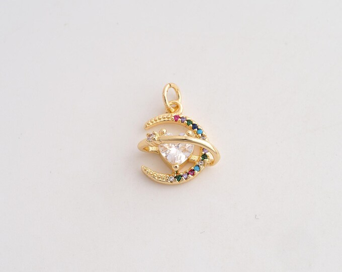 18K Gold Filled Heart Saturn Charm,Dainty Universe Planet Pendant,CZ Moon Pendant ,DIY Jewelry Supplies,18.5x14.3x7.6mm