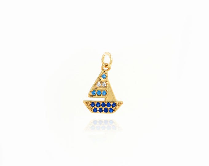 18K Gold Filled Sailboat Necklace, Sailboat Pendant, Nautical Charm, Ocean Charm, Micropavé Zircon Nautical Pendant 19x12.4x2.3mm