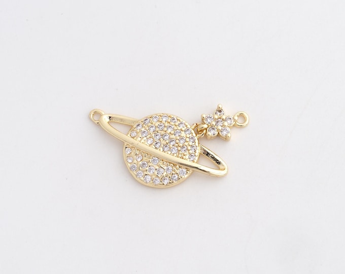 18K Gold Filled Saturn Charm, Micropavé CZ Universe Planet Pendant,Saturn Necklace Charm, DIY Jewelry Supplies, 14x25.3x2.5mm