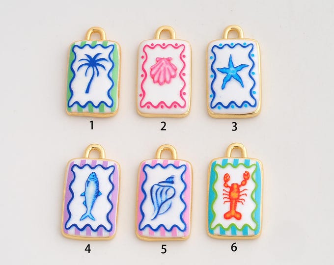 18K Gold Filled Fish Lobster Starfish Pendant,Enamel Marine Life Charms,Shell Coconut Tree Charm DIY Jewelry Making Supply,23x13x2.8mm