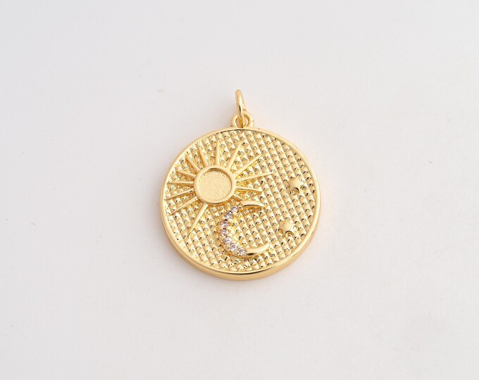 18K Gold Filled Sun Moon Star Charm,Dainty Celestial Pendant,CZ Round Pendant ,DIY Jewelry Supplies,27x21x2.5mm