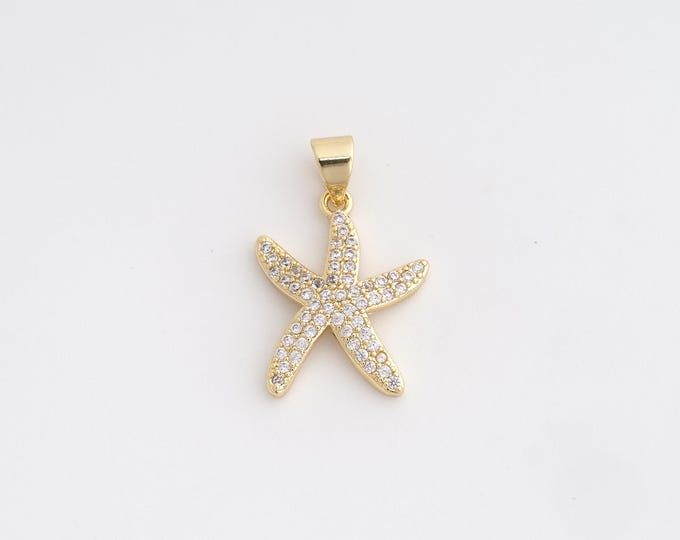 18K Gold Filled Starfish Charm, Micropavé CZ Starfish Pendant,Starfish Necklace Charm, DIY Jewelry Supplies, 23.5x14.8x2.8mm