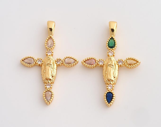 18K Gold Filled Cross Charm,Dainty Religious Pendant,CZ Virgin Mary Pendant ,DIY Jewelry Supplies,37.2x24x3mm