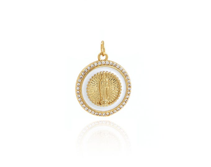 Enamel Religious Pendant,18K Gold Filled Round Charm,Virgin Charms Marry Pendant,DIY Jewelry Supplies,24.5x18.4x2.5mm