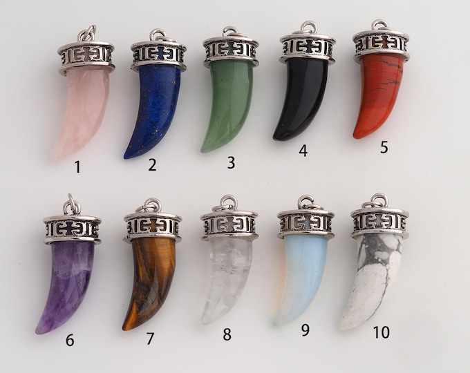 Vintage Silver Horn Gemstone Pendant,Horn Natural Stone Charms,Crystal Gemstone Charm DIY Jewelry Making Supply,41.7x16x13.8mm