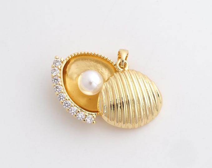 18K Gold Filled Shell Charm, Micropavé CZ Oyster Pendant,Shell Necklace Charm, DIY Jewelry Supplies, 25.5x21x10mm