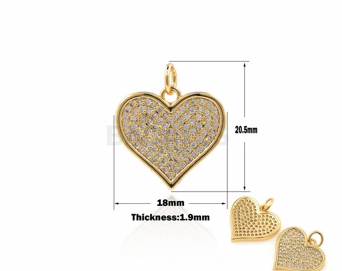 1PCS Gold Heart Pendant，Micro Pave Heart Necklace Charms，Pave Diamond Heart Beads 20.5x18x1.9mm