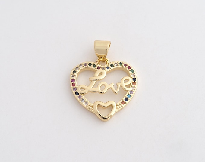 18K Gold Filled LOVE Pendant,Gold Dainty Heart Charms,CZ Round Charm Bracelet Necklace for DIY Jewelry Making Supply,21.7x17.3x2.6mm
