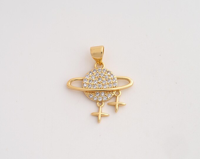 18K Gold Filled Saturn Charm,Dainty Universe Planet Pendant,CZ Star Pendant ,DIY Jewelry Supplies,24.2x20x2.6mm