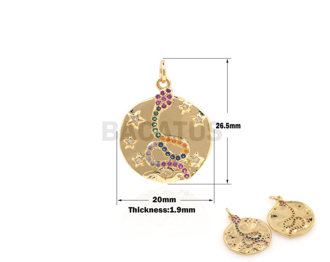 1PCS Round Snake Pendant Gold Coin Snake Charm, CZ Pave Round Disc Charm Colored Zircon Charm DIY Jewelry Making Gold filling 26.5x20x1.9mm