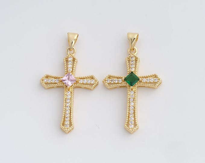 Cross Charm, 18K Gold Filled Cross Necklace, Religious Charm, Micro Pave CZ Christian Charm, DIY Jewelry Supplies, 37x20.7x5mm