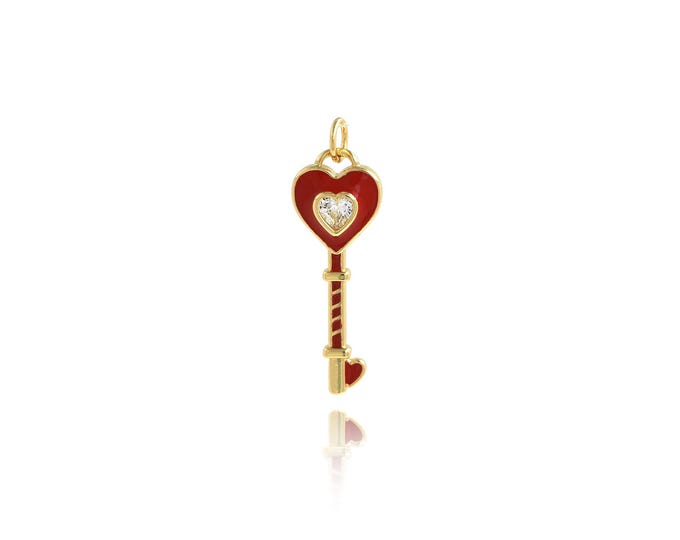 Enamel Heart Pendant,18K Gold Filled Key Necklace, Micropavé CZ Love Pendant, DIY jewelry Making Accessories,31.2x10x3.2mm