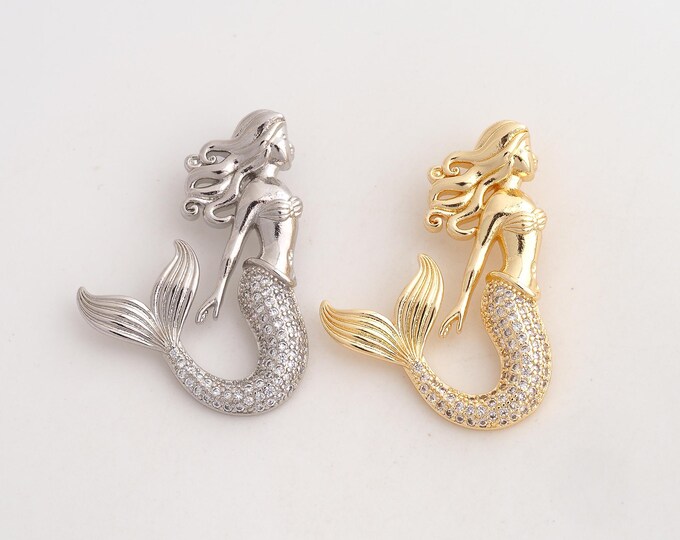 18K Gold Filled Mermaid Charm,Dainty Mermaid Pendant,CZ Mermaid Pendant ,DIY Jewelry Supplies,34.3x25.2x4mm
