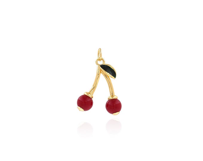 18K Gold Filled Enamel Cherry Pendant, Llovely Cherry Pendant,Fruit Pendant,Little Red Cherry Pendant Necklace 24.5x17x6mm