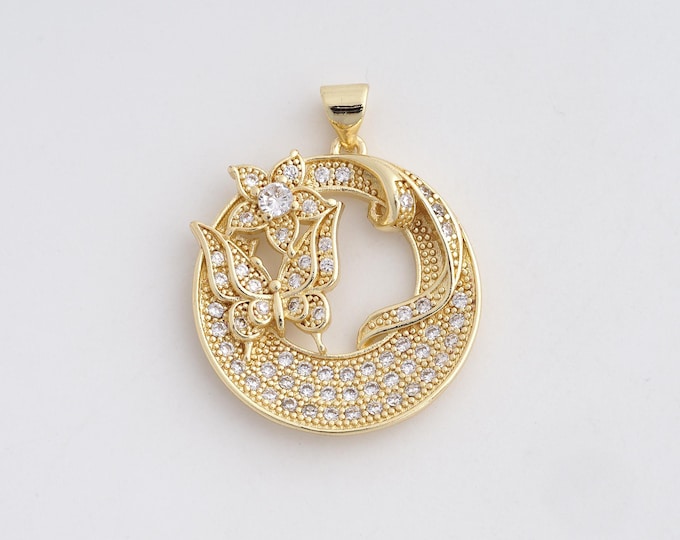 Crescent pendant 18K Gold Filled Moon Butterfly Pendant,Round Butterfly Charms Bracelet Necklace for DIY Jewelry Making Supply,31.6x25x4.5mm