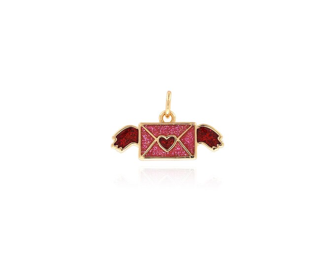 Envelope Pendant, Square Necklace, 18K Gold Filled Enamel Charm,Wings Envelope Charm, Love Letter Charm, DIY Jewelry Supplies, 12x20x2mm