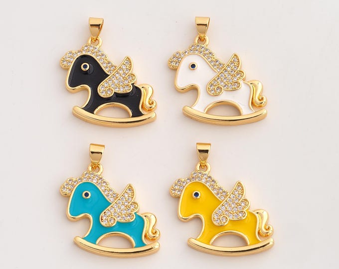 18K Gold Filled Rocking Horse Charm,Dainty Enamel Horse Pendant,CZ Rocking Horse Pendant ,DIY Jewelry Supplies,27.5x25.3x3mm