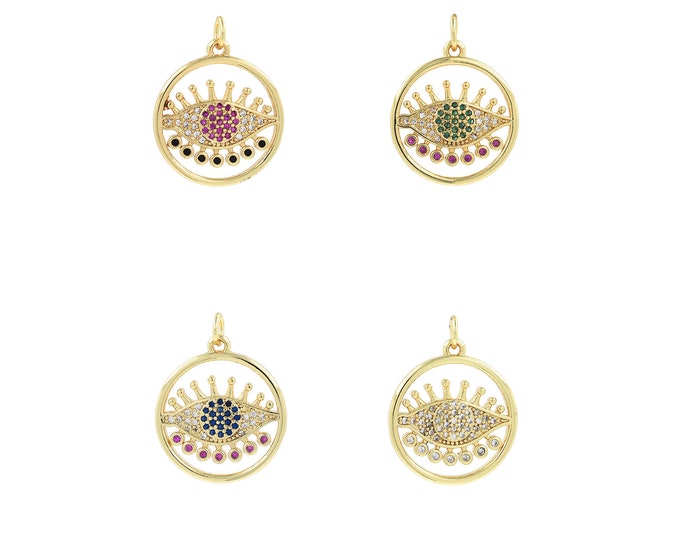 18K Gold Filled Devil Eye Pendant,Gold Dainty Round Charms,CZ Simple Charm Bracelet Necklace for DIY Jewelry Making Supply