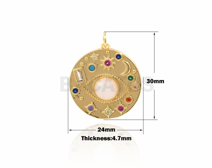 CZ Colorful Star Sun Moon Eye  Coin Charms,Eye Necklace Pendant,CZ Micro Pave Round beads 30x24x4.7 mm 1PCS