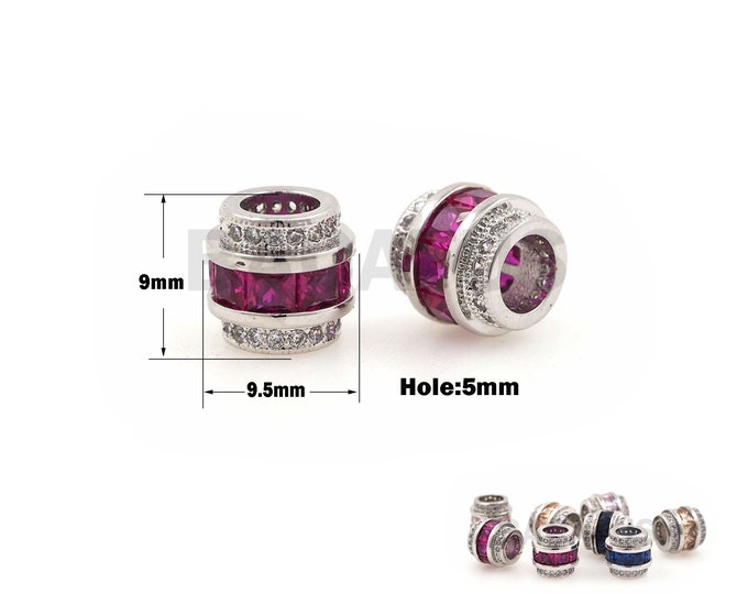 1PCS CZ Drum Spacer Beads, Metal Large Hole Bucket Beads, Round Beads Accessories, DIY Jewelry Making 9.5×9mm Hole 5mm